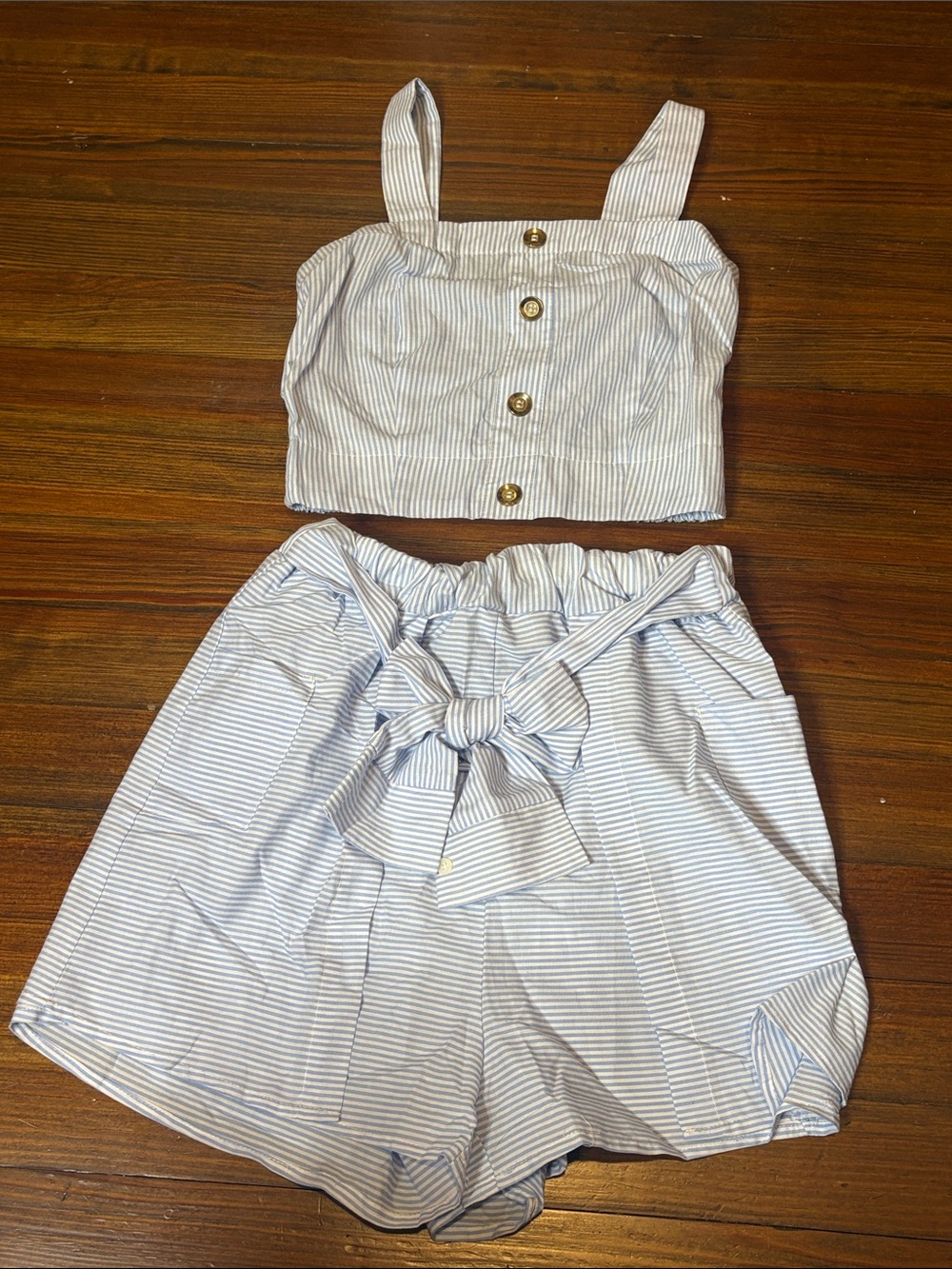 Striped High-Waist Paperbag Shorts in Light Blue